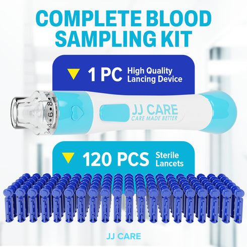 JJ CARE Lancing Device with 120 PCS Twist Off Lancets (30 gauge), 10 Adjustable Depth Settings, Lancing Device for Diabetes Testing with Push Button Ejector, Lancet Device for Blood Glucose Testing